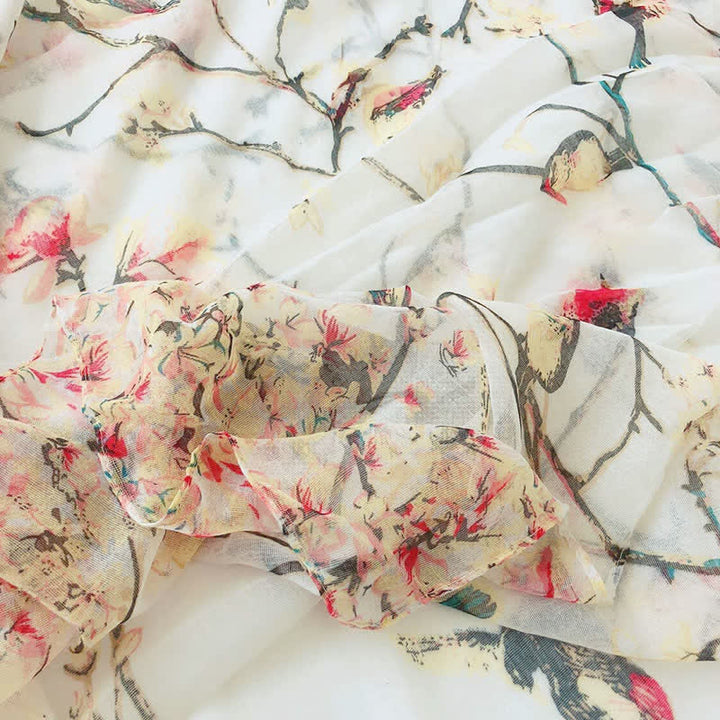 Bufanda ligera con estampado de pájaros y flores para mujer