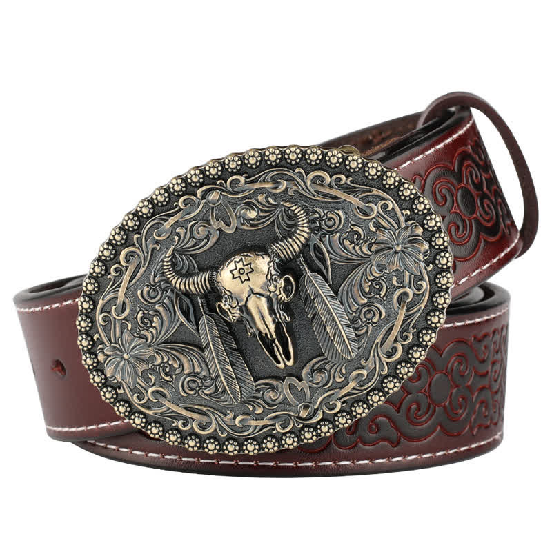 Cinturón de cuero para jeans con pluma grabada de toro para hombre