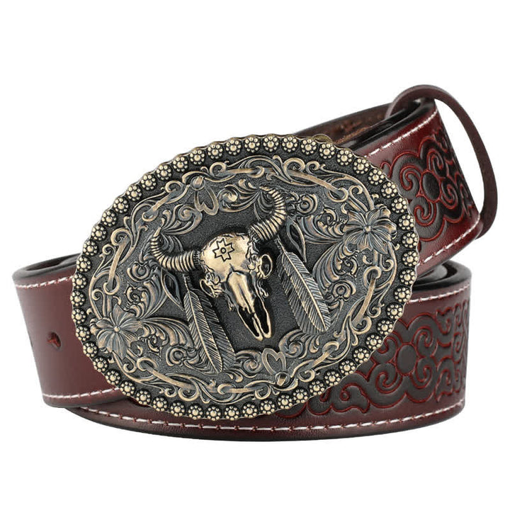 Cinturón de cuero para jeans con pluma grabada de toro para hombre