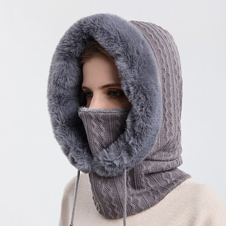 Gorro de punto con capucha y mascarilla de color caramelo para mujer