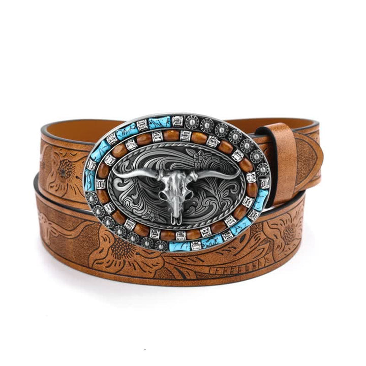Cinturón de cuero de toro turquesa estilo vaquero occidental para hombre