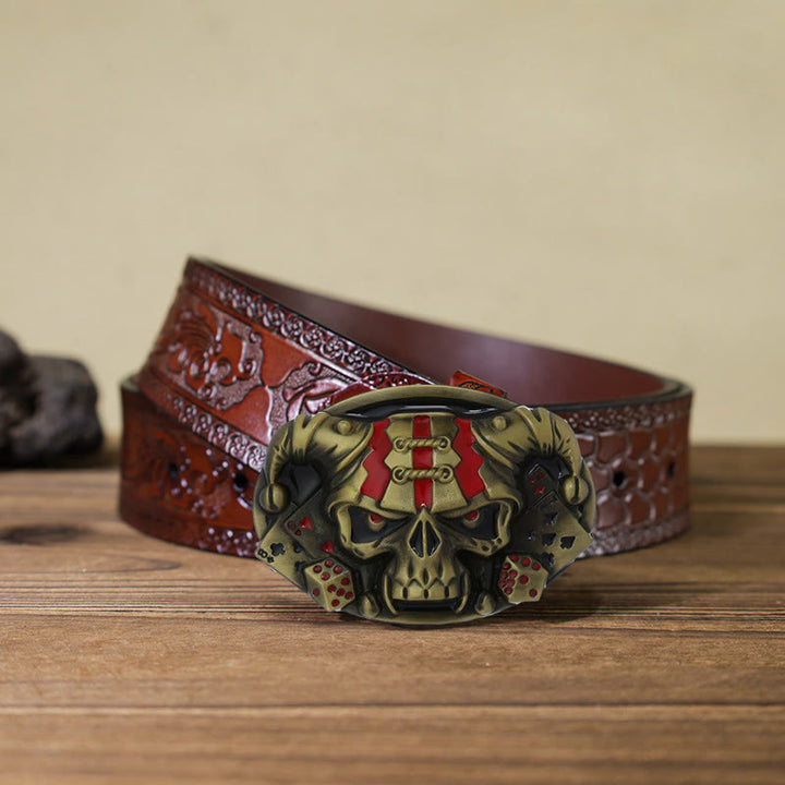 Cinturón de cuero con hebilla de payaso y calavera para hombre, hecho a mano