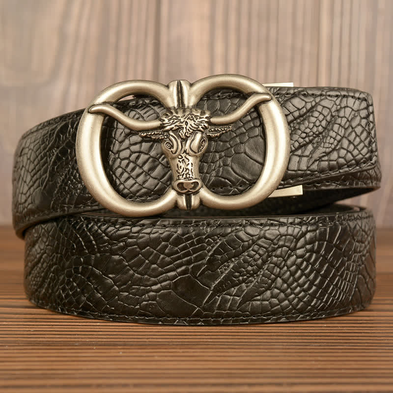 Cinturón de piel con estampado de cocodrilo y buey gigante para hombre