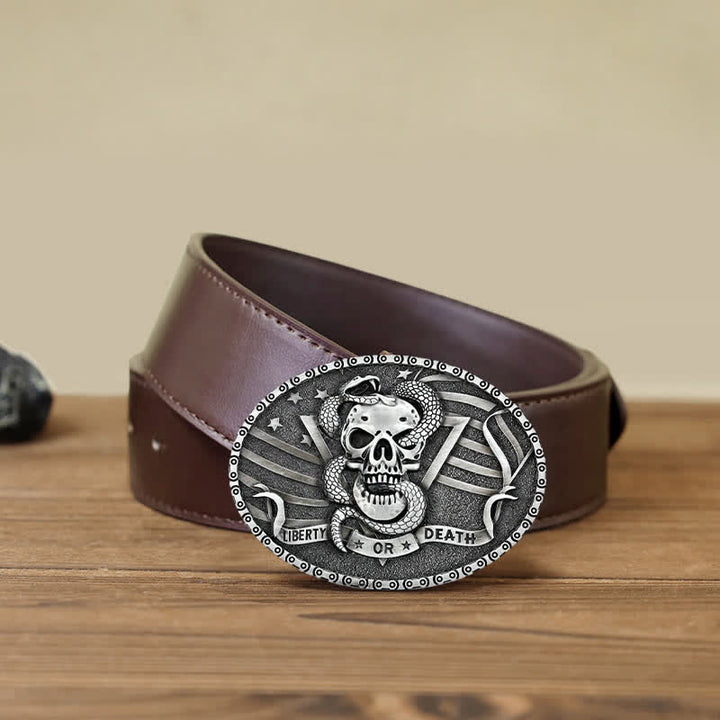 Cinturón de cuero con hebilla de calavera de serpiente "Libertad o muerte" para hombre, hecho a mano