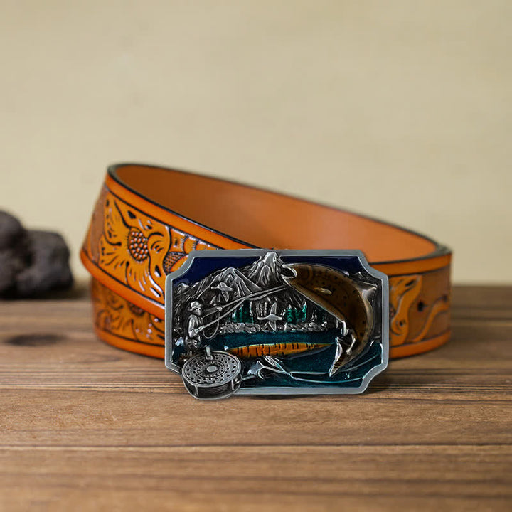 Cinturón de cuero con hebilla rectangular esmaltada para pesca, hecho a mano, para hombre