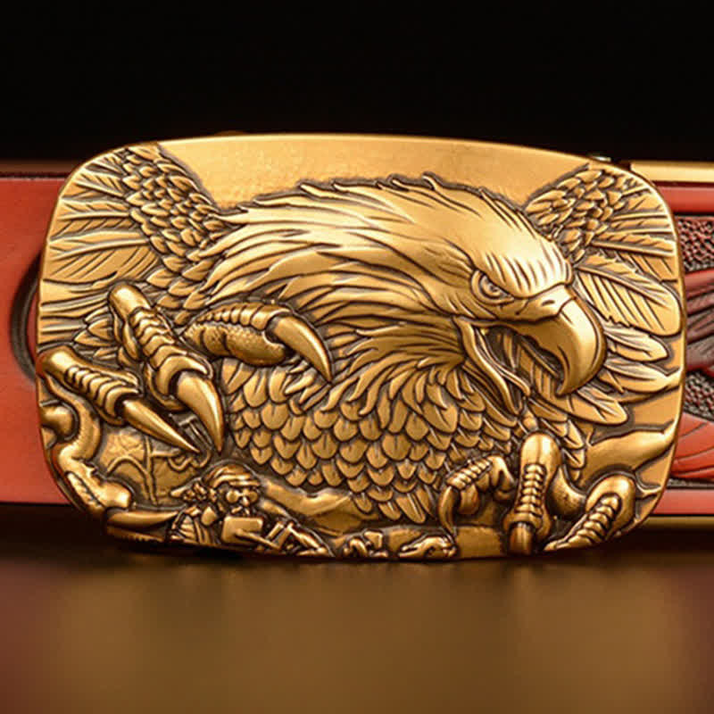 Cinturón de cuero con hebilla automática y alas de águila vintage para hombre