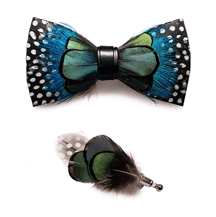 Pajarita de plumas con lunares verdes y azules para niños con prendedor de solapa