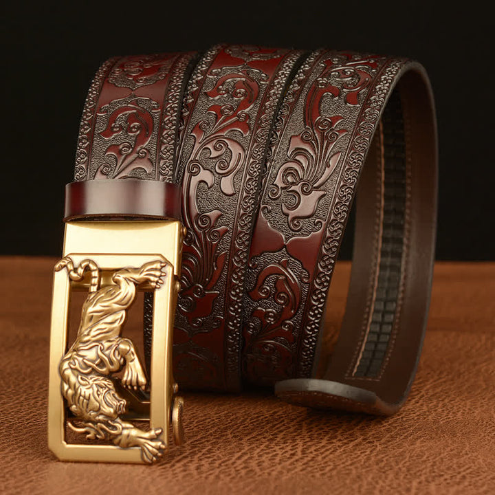 Cinturón de cuero con estampado floral y hebilla de tigre para hombre