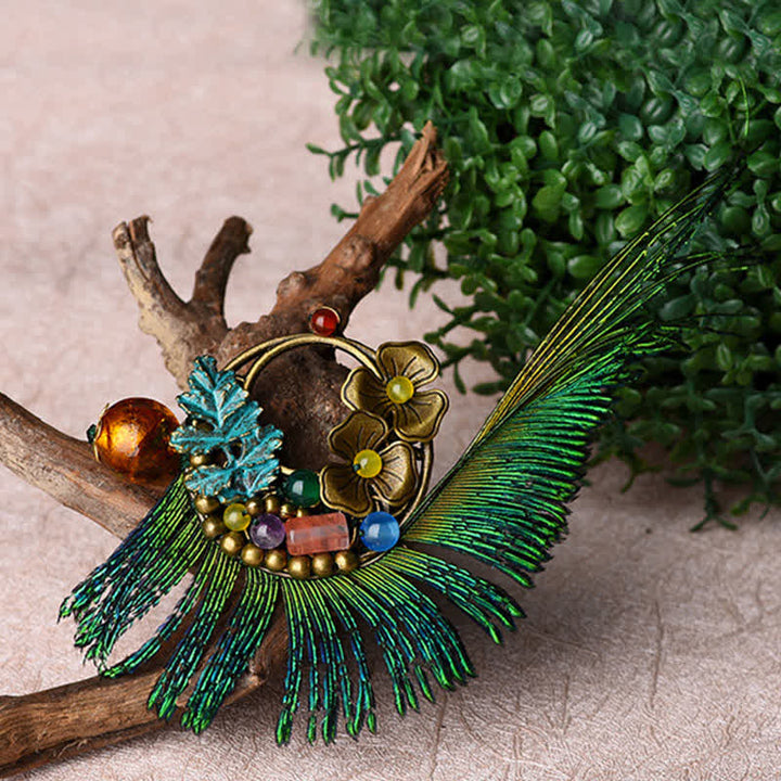 Broche de plumas de pavo real con diseño de flor de bronce retro para mujer