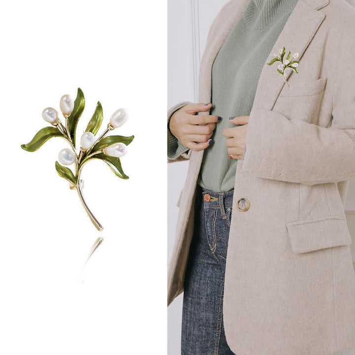 Broche de rama de olivo con perla natural para mujer