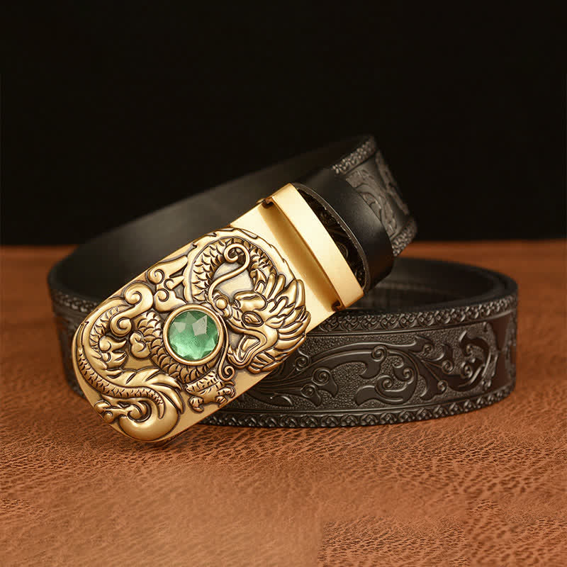 Cinturón de cuero con piedras preciosas y dragón grabado para hombre