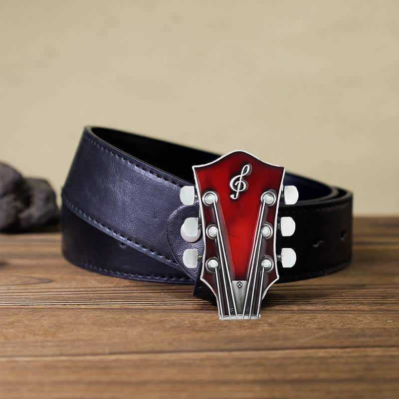 Cinturón de cuero con hebilla de clavijero de guitarra musical para hombre hecho a mano