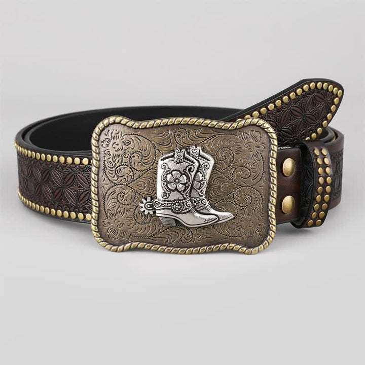 Botas de vaquero para hombre con hebilla geométrica y cinturón de cuero