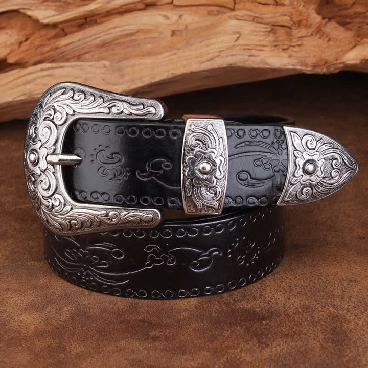 Cinturón unisex de piel con estampado de flores y textura rústica
