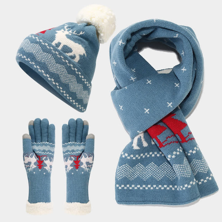 Conjunto de 3 guantes y bufanda de jacquard con diseño de reno para mujer