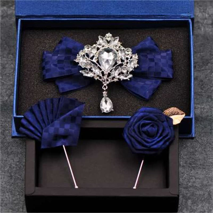 Juego de 3 broches y pajaritas con diamantes de imitación a cuadros