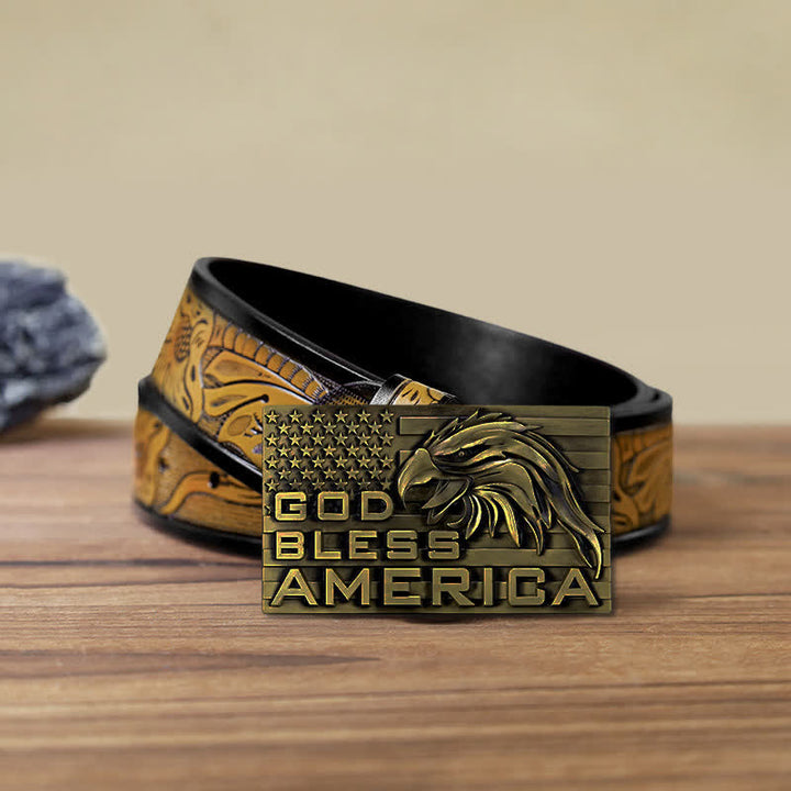 Cinturón de cuero con hebilla de águila God Bless America para hombre, hecho a mano