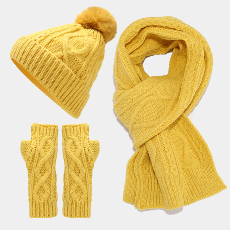 Conjunto de 3 piezas de gorro, bufanda y manoplas sin dedos de punto con cable para mujer