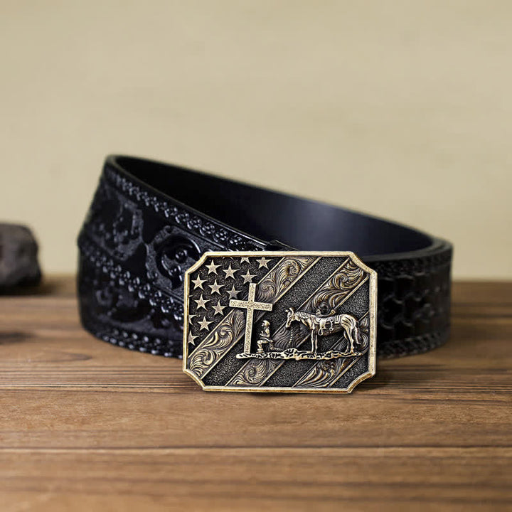 Cinturón de cuero con hebilla de caballo y cruz con bandera estadounidense para hombre, hecho a mano