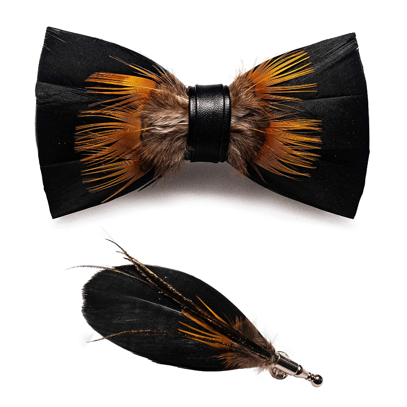 Pajarita con plumas de girasol en color naranja y negro para niños con prendedor de solapa