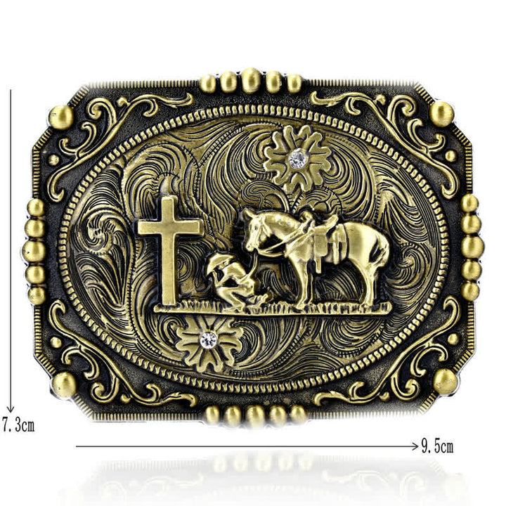 Cinturón de cuero con hebilla de oración de rodillas con cruz de caballo para hombre hecho a mano