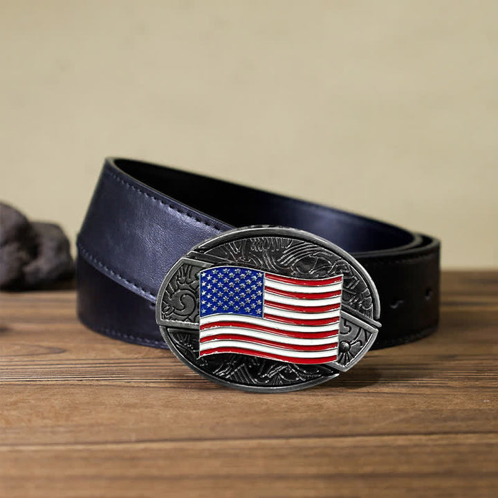 Cinturón de cuero con cuchillo plegable oculto con bandera estadounidense para hombre
