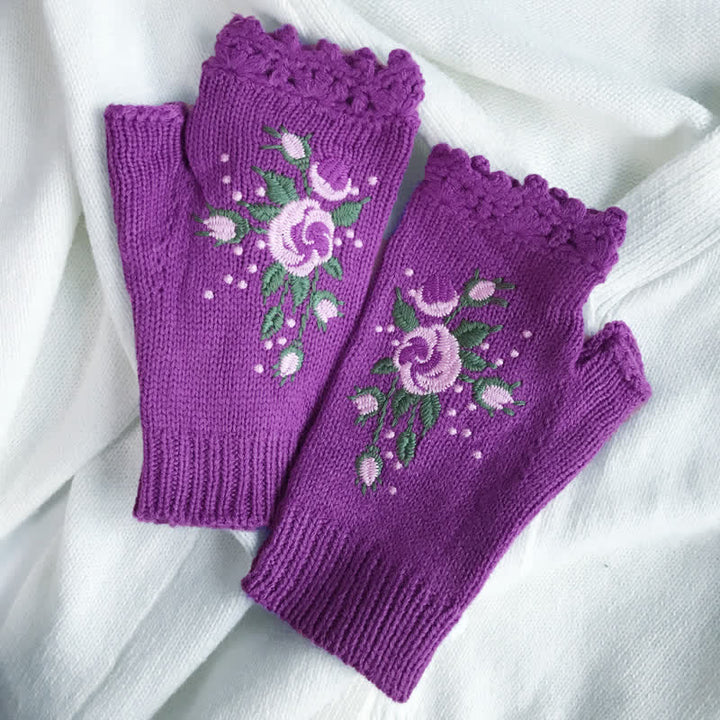 Guantes de punto de medio dedo con bordado de flores para mujer