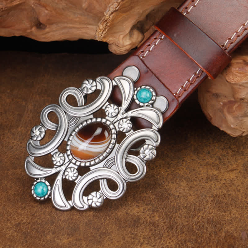 Cinturón unisex de cuero con flor hueca de color turquesa y piedra de ágata