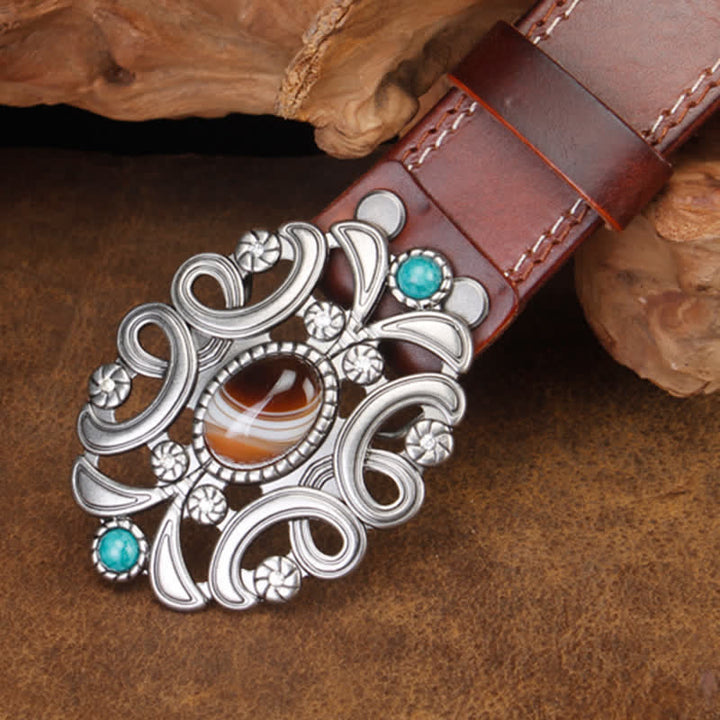 Cinturón unisex de cuero con flor hueca de color turquesa y piedra de ágata