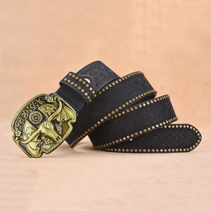 Cinturón de cuero con remaches de novillo Longhorn antiguo para hombre