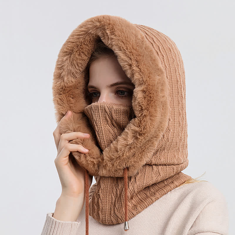 Gorro de punto con capucha y mascarilla de color caramelo para mujer