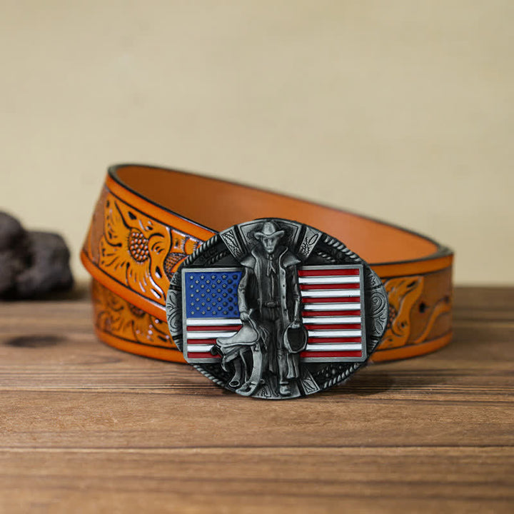 Cinturón de cuero con hebilla de vaquero con bandera estadounidense para hombre, hecho a mano