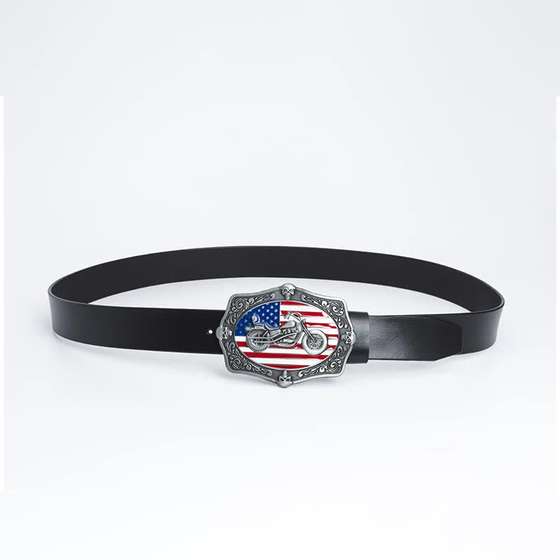 Cinturón de cuero con calavera y bandera estadounidense para hombre con diseño de motocicleta