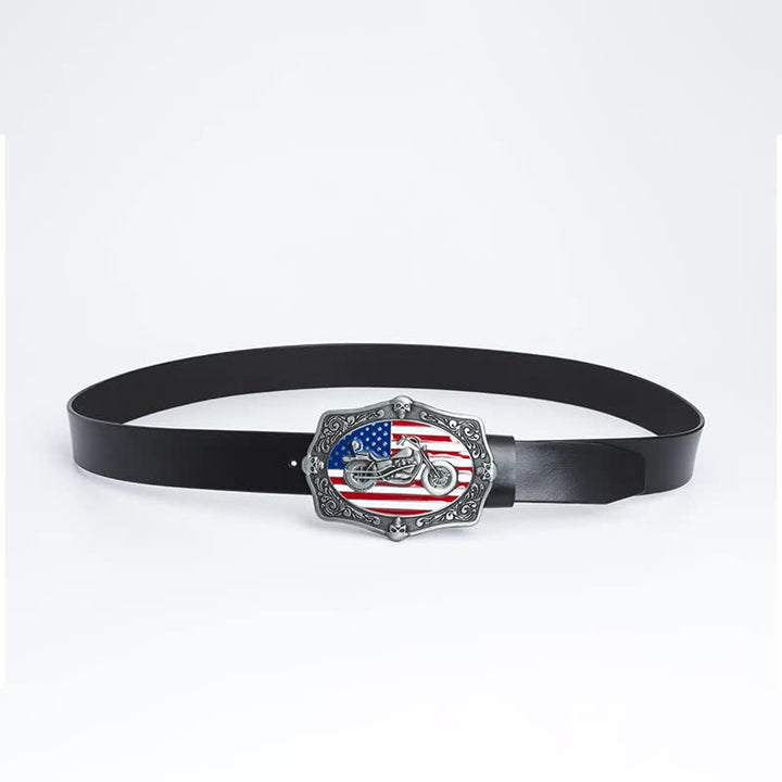 Cinturón de cuero con calavera y bandera estadounidense para hombre con diseño de motocicleta