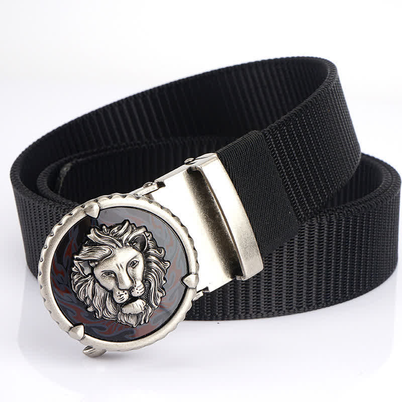 Cinturón de nailon práctico con estampado de cabeza de león para hombre - Negro / Plata - 48" - image 16