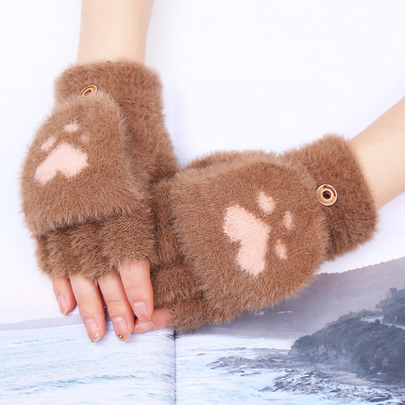 Guantes cálidos y ponjosos con estampado de pata de gato para mujer