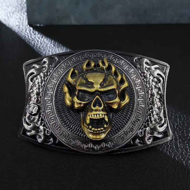 Cinturón de cuero con cuchillo plegable oculto con calavera en llamas para hombre