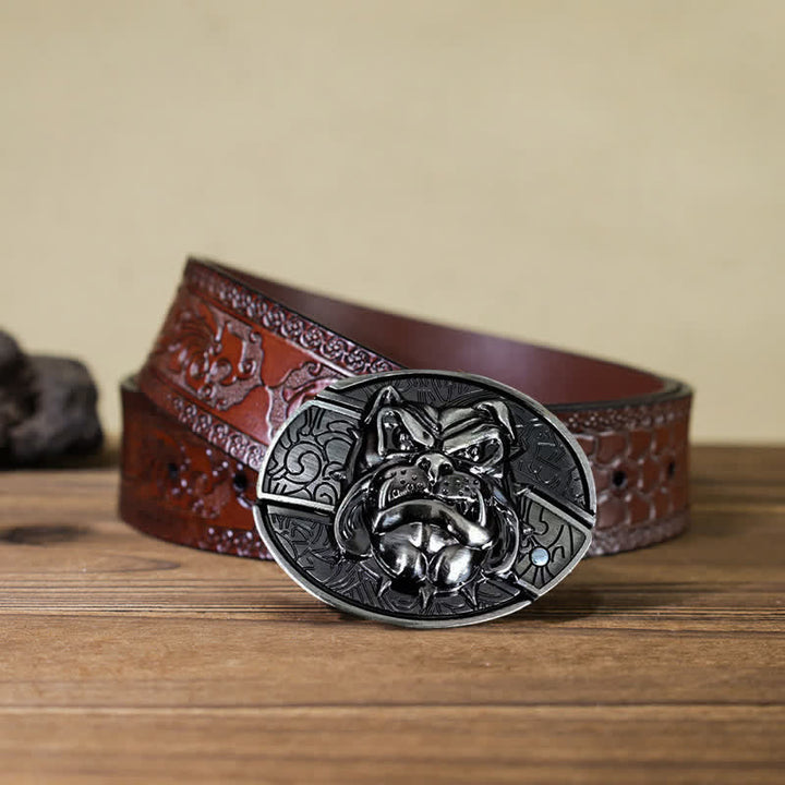 Cinturón de cuero con cuchillo plegable oculto para hombre, hecho a mano con forma de perro feroz