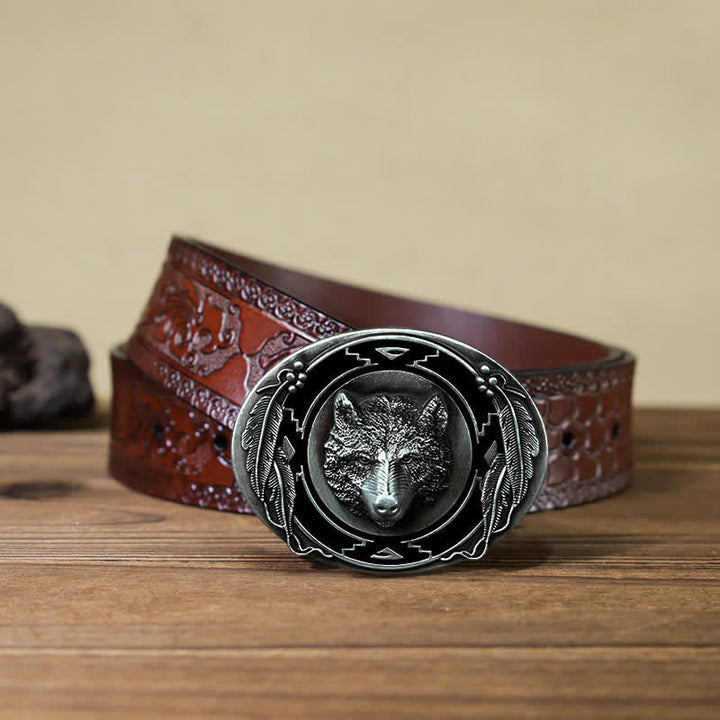 Cinturón de cuero con hebilla de cabeza de lobo vívida para hombre, hecho a mano