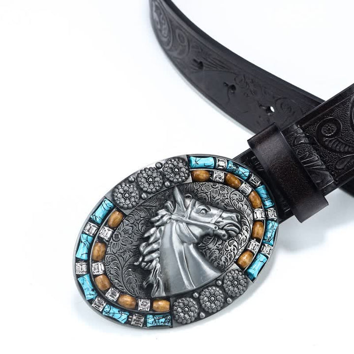 Cinturón de cuero turquesa con cabeza de caballo estilo vaquero para hombre