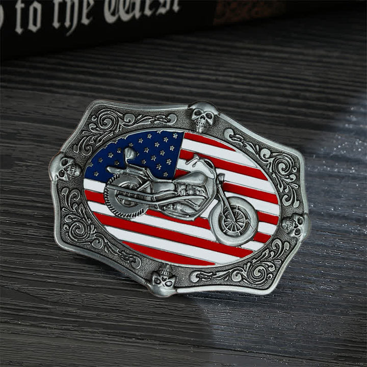 Cinturón de cuero con hebilla de calavera y bandera de EE. UU. para hombre, hecho a mano, con diseño de motocicleta