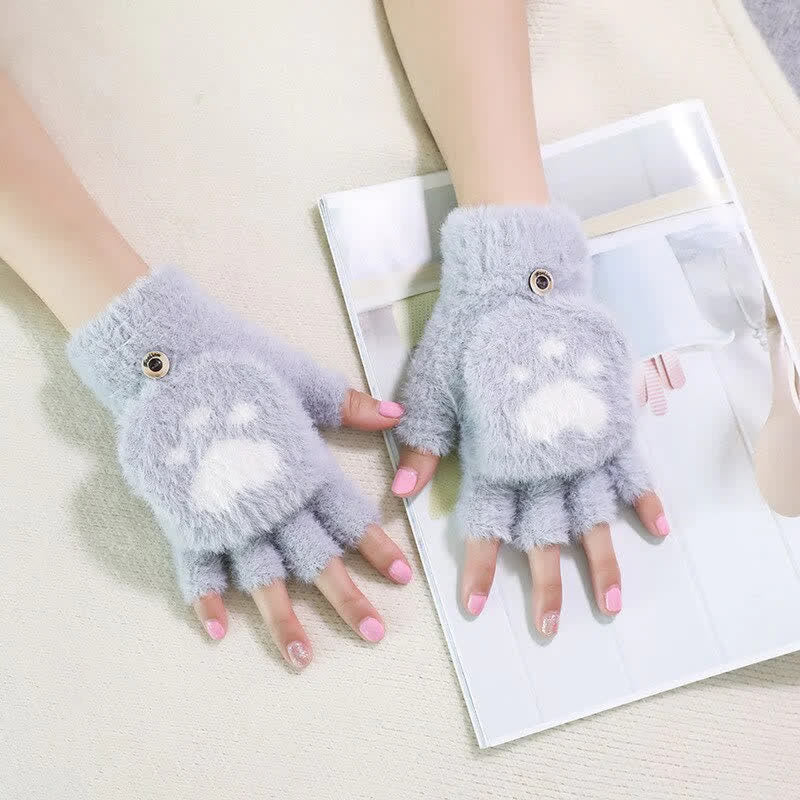 Guantes cálidos y ponjosos con estampado de pata de gato para mujer