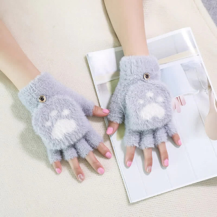 Guantes cálidos y ponjosos con estampado de pata de gato para mujer