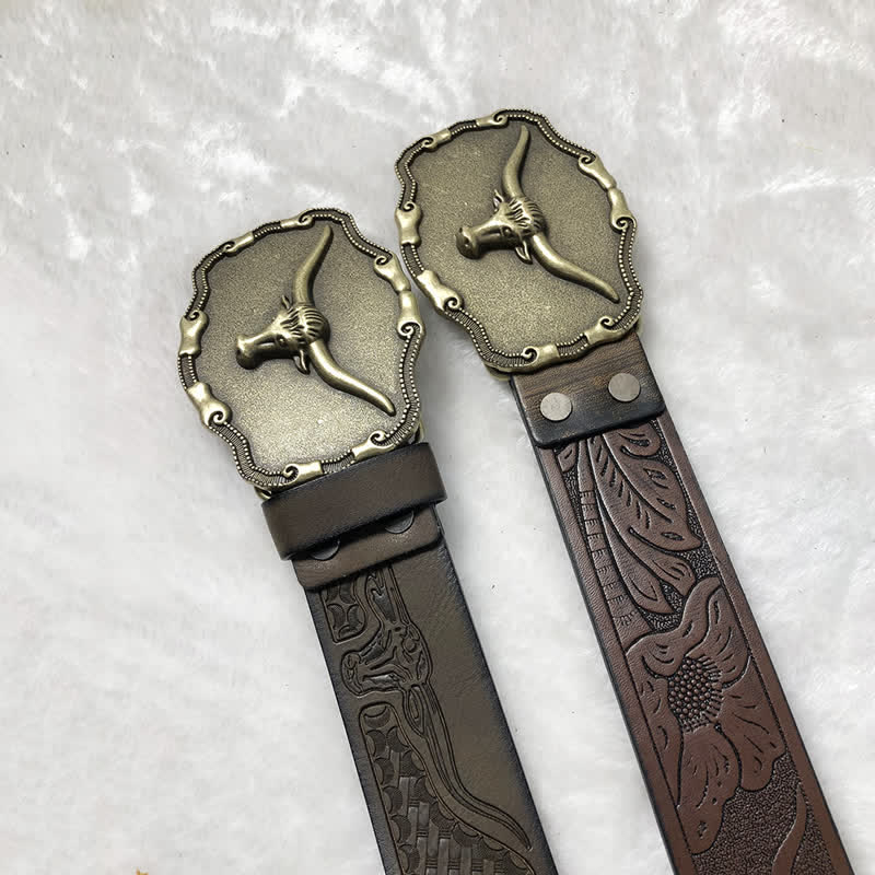 Cinturón de cuero de toro longhorn antiguo para hombre