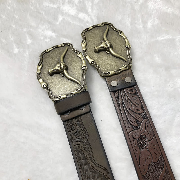 Cinturón de cuero de toro longhorn antiguo para hombre