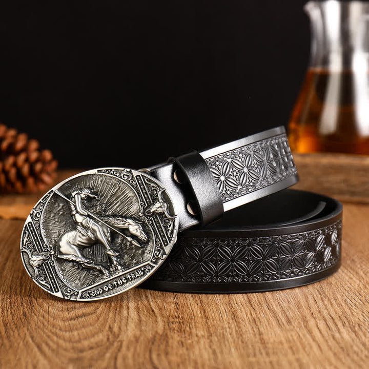 Cinturón de cuero con hebilla geométrica y diseño de caballo para hombre