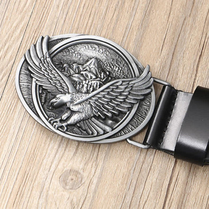Cinturón de cuero con diseño tallado y hebilla de águila voladora novedoso para hombre