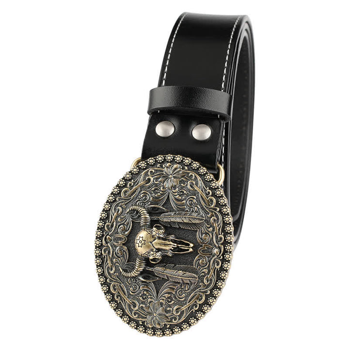 Cinturón de cuero para jeans con pluma grabada de toro para hombre