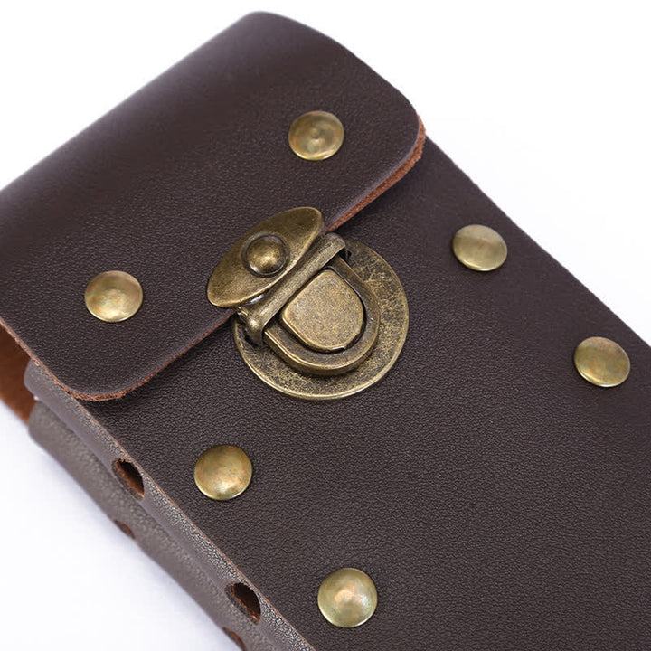 Estuche para teléfono con dos capas verticales y cinturón.