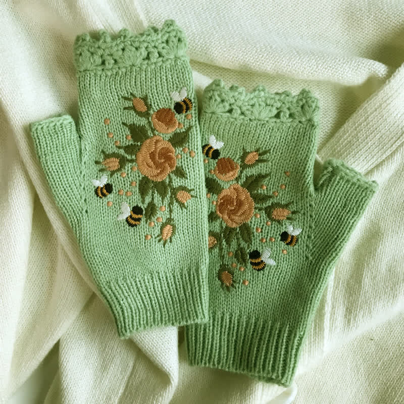 Guantes de punto de medio dedo con bordado de flores para mujer